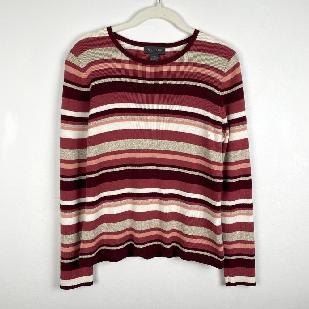 y2k Vintage Van Heusen Striped Sweater Long Sleeve Knit Top Pink Tan Cotton